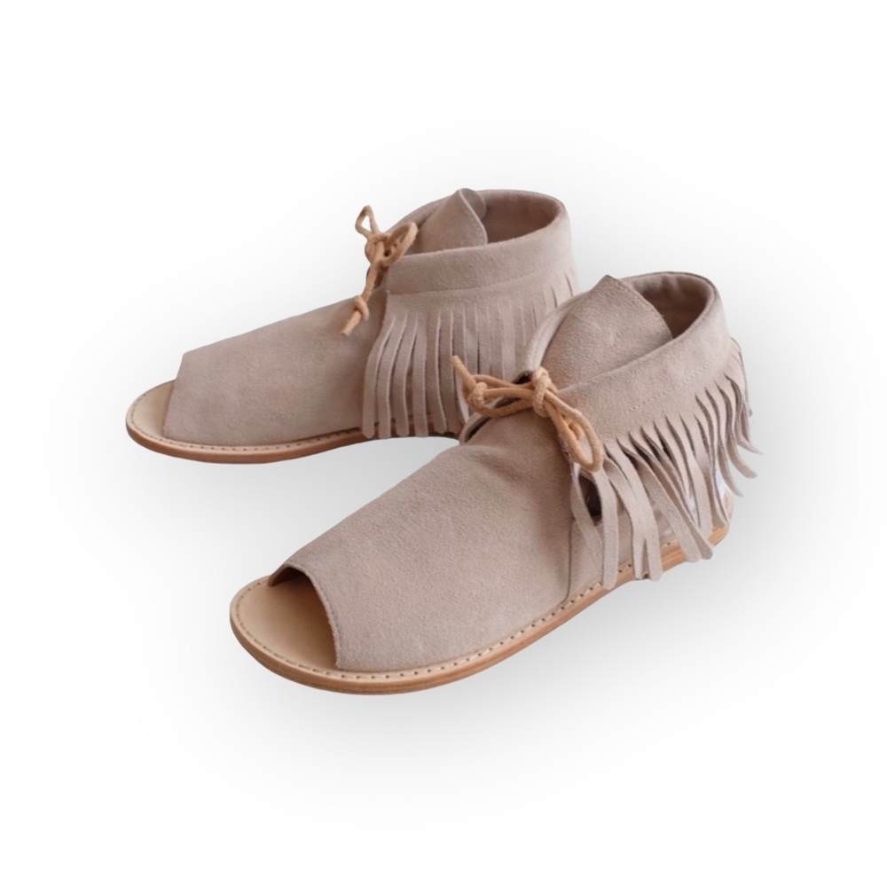 Martha Davis ❃ Fringe Flat Open Toe + Heel Bootie Sandal ❃ Stone Suede ❃ 38 7.5M - Picture 15 of 16